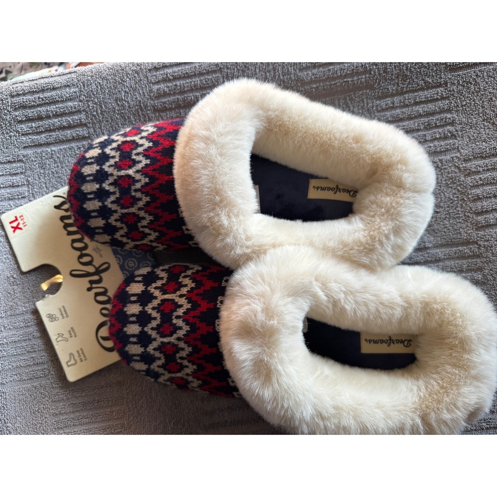 Dearfoams Womens Memory Foam Slippers Red Fair Isle Knit Faux Fur XL 11-12